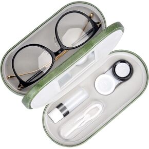 Muf 2 in 1 Double Sided Portable Contact Lens Case and Glasses Case,Dual Use Design with Built-in Mirror, Tweezer and Contact Lens Solution Bottle Included for Travel Kit