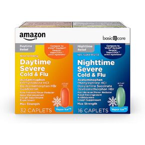 Amazon Basic Care Vapor Ice Day and Night Severe Cold and Flu Relief Caplets, Maximum Strength Medicine, Combo Pack, 48 Count