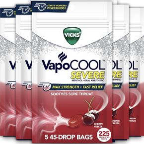 Vicks VapoCOOL SEVERE Medicated Sore Throat Drops, Fast-Acting Max Strength Relief, Soothes Sore Throat Pain Caused by Cough, Powerful Vicks Vapors, Menthol, Cherry Noze Flavor, 225ct (5 45ct packs) in Saudi Arabia