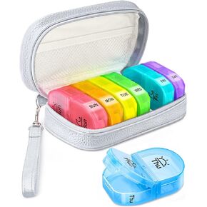 Cute Pill Organizer 2 Times a Day, PU Leather Pill Case for Women, Portable Weekly Pill Box for Purse with Storage Bag to Hold Vitamins/Medications/Fish Oils/Supplements, Pink