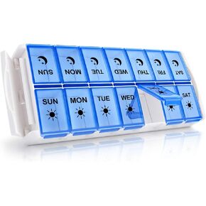 Weekly Pill Organizer 7 Day 2 Times a Day Extra Large, Quick Fill 2020 Fullicon AM PM XL Daily Pill Cases Pill Box with Detachable Base - White/Blue (Patent Registered)