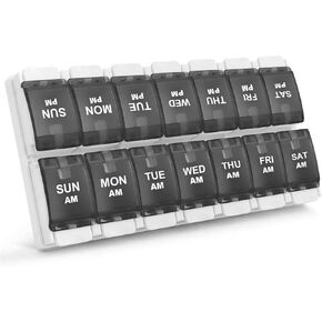 Sukuos AM PM Weekly 7 Day Pill Organizer, 2 Times A Day Pill Box with Arthritis Friendly Push Button, BPA Free Medicine Cases for Vitamin/Fish Oil/Supplements, Easy to Clean