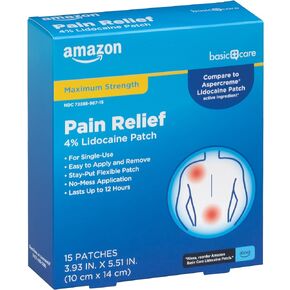 Amazon Basic Care Maximum Strength OTC Pain Relief Patch | 4% Lidocaine Patch | 3.9" x 5.5" | 15-Count Box (Previously HealthWise)