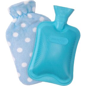 HomeTop Premium Classic Rubber Hot or Cold Water Bottle with Soft Fleece Cover (2 Liters, Blue/Blue Polka Dot)