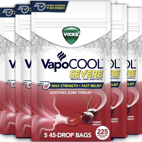 Vicks VapoCOOL SEVERE Medicated Sore Throat Drops, Fast-Acting Max Strength Relief, Soothes Sore Throat Pain Caused by Cough, Powerful Vicks Vapors, Menthol, Cherry Noze Flavor, 225ct (5 45ct packs) in Saudi Arabia