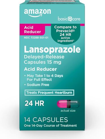 Amazon Basic Care Lansoprazole Delayed Release Capsules, 15 mg, Proton Pump Inhibitor, Treats Frequent Heartburn, 24 Hour Heartburn Medicine, 42 Count in Saudi Arabia