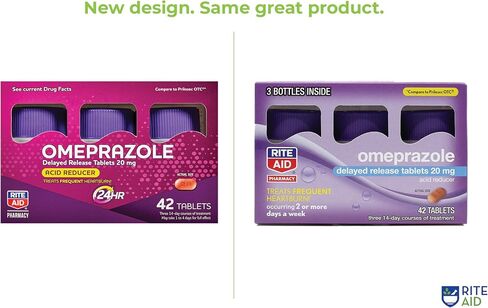 Rite Aid Acid Reducer Omeprazole Delayed Release Tablets - 20 mg, 3 Bottles, 14 Count Each (42 Count Total) - Heartburn Relief - Heartburn Medicine - Treats Frequent Heartburn in Saudi Arabia