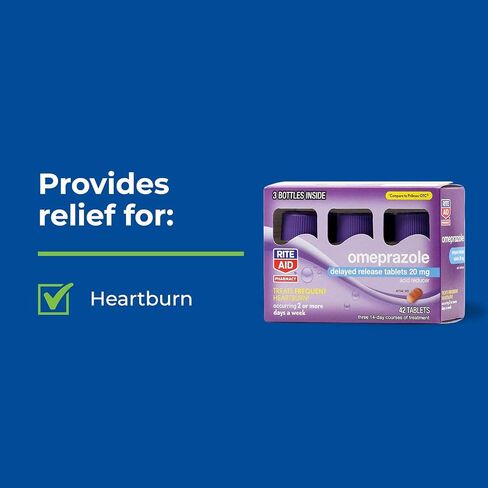 Rite Aid Acid Reducer Omeprazole Delayed Release Tablets - 20 mg, 3 Bottles, 14 Count Each (42 Count Total) - Heartburn Relief - Heartburn Medicine - Treats Frequent Heartburn in Saudi Arabia