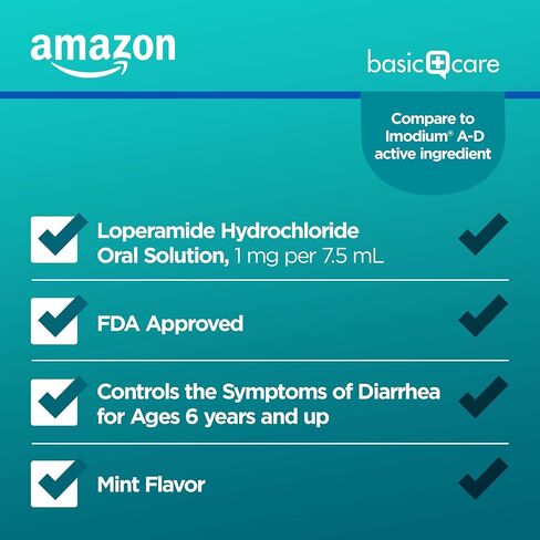 Amazon Basic Care Loperamide Hydrochloride Oral Solution, 1 mg per 7.5 ml, Anti-Diarrheal Medicine, Anti-Diarrhea Medicine for Kids and Adults 12 Years and Over, Mint, 8 fl oz (Pack of 4) in Saudi Arabia