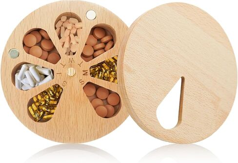 Succwoah Wooden Weekly Pill Organizer for Medicine Vitamin, 7-Day Pill Organizer Case Box, Twist Top Design with Days of The Week and Solid Wood Lid in Kuwait