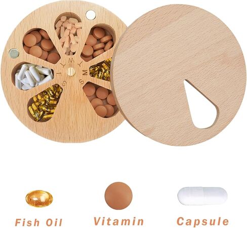 Succwoah Wooden Weekly Pill Organizer for Medicine Vitamin, 7-Day Pill Organizer Case Box, Twist Top Design with Days of The Week and Solid Wood Lid in Kuwait