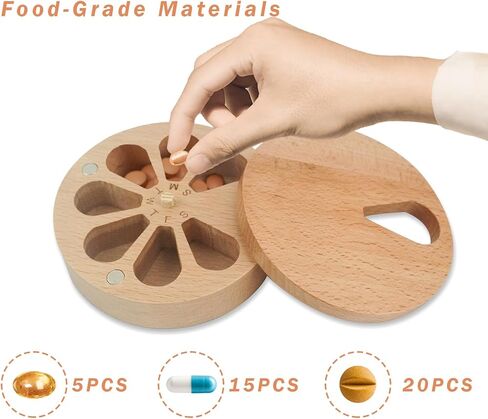 Succwoah Wooden Weekly Pill Organizer for Medicine Vitamin, 7-Day Pill Organizer Case Box, Twist Top Design with Days of The Week and Solid Wood Lid in Kuwait