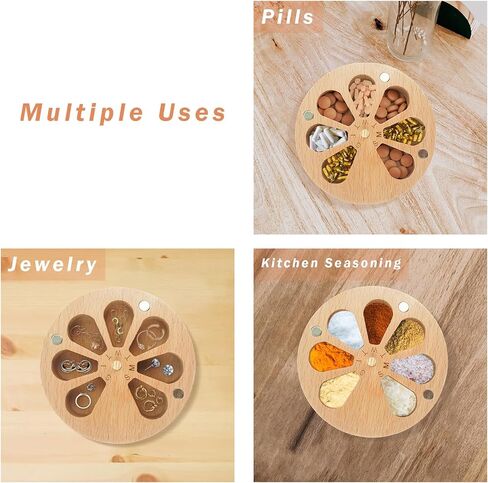 Succwoah Wooden Weekly Pill Organizer for Medicine Vitamin, 7-Day Pill Organizer Case Box, Twist Top Design with Days of The Week and Solid Wood Lid in Kuwait