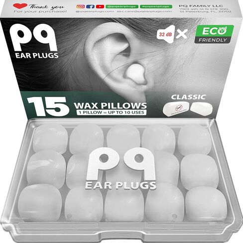 PQ Wax Ear Plugs for Sleep - 15 Silicone Gel Ear Plugs with Sound Blocking Level of 32 Db for Sleeping and Swimming, Noise Cancelling, Ear Protection (15-Pillows) in Saudi Arabia