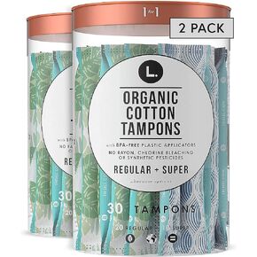 L. Organic Cotton Tampons Multipack, Regular/Super Absorbency, Free From Chlorine Bleaching Pesticides Fragrances Or Dyes, Bpa-Free Plastic Applicator, 30 Count X 2 Packs (60 Count Total) in Kuwait