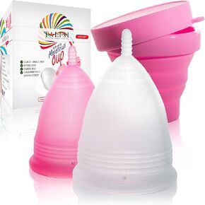 Talisi Menstrual Cups Set of 2 with Collapsible Cleaner Silicone Sterilizer - Soft Reusable Period Kit - Tampon Pads Disc Alternative - Menstruation Feminine Cup Regular, Heavy Flow (Small & Large)