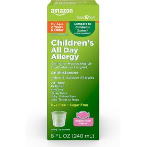 Amazon Basic Care Children’s 24 Hour Allergy Relief, Cetirizine Hydrochloride Oral Solution 1 mg/mL, Grape Flavor, Dye Free, 8 fl oz (Pack of 3)