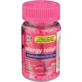 Rite Aid Allergy Relief with Diphenhydramine HCI 25 mg Antihistamine - 365 Minitabs | Allergy Medicine | Easy-to-Swallow Small Tablet Size Allergy Relief | Common Cold & Respiratory Allergy Medication