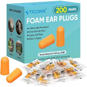 TICONN 200 Pairs Foam Ear Plugs, Hunting Earplugs Individually Wrapped 32dB NRR Noise Reduction Ear Plugs for Sleeping Fishing Passive Hearing Protection Travel Study Concentration (200 Pairs) in Saudi Arabia