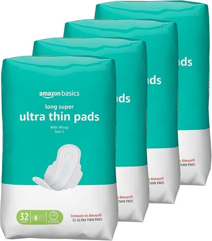 Amazon Basics Ultra Thin Pads with Flexi-Wings for Periods, Long Length, Super Absorbency, Unscented, Size 2, 32 Count, 1 Pack (Previously Solimo) in Kuwait