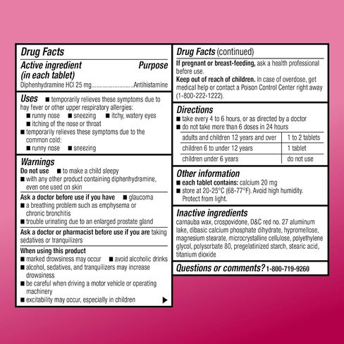 Amazon Basic Care Allergy Relief Diphenhydramine HCl 25 mg, Antihistamine Tablets for Symptoms Due to Hay Fever and Upper Respiratory Allergies, 100 Count in Saudi Arabia
