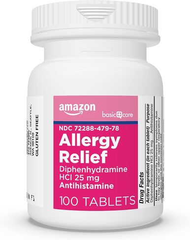 Amazon Basic Care Allergy Relief Diphenhydramine HCl 25 mg, Antihistamine Tablets for Symptoms Due to Hay Fever and Upper Respiratory Allergies, 100 Count in Saudi Arabia