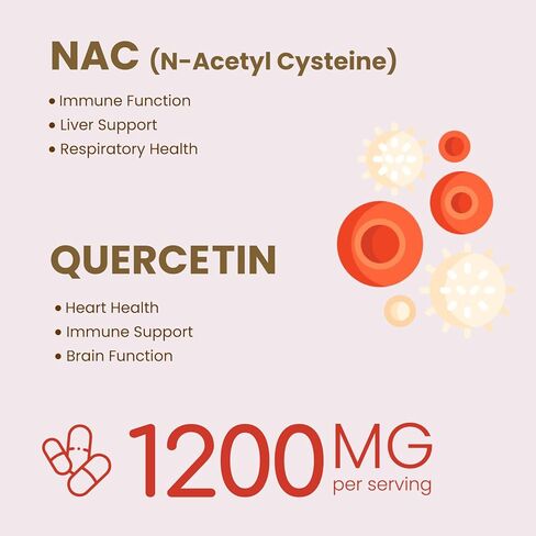 مكمل VHC NAC (N-Acetyl Cysteine) 1200 مجم بالإضافة إلى كيرسيتين، الجرعة المثالية (1200 مجم + 100 مجم)، 2 في 1 تركيبة مزدوجة المفعول N-Acetyl-L-Cysteine ​​مع كيرسيتين، للجهاز التنفسي والكبد والمناعة، صنع في الولايات المتحدة الأمريكية in Kuwait
