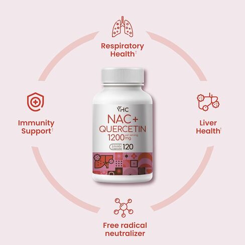 مكمل VHC NAC (N-Acetyl Cysteine) 1200 مجم بالإضافة إلى كيرسيتين، الجرعة المثالية (1200 مجم + 100 مجم)، 2 في 1 تركيبة مزدوجة المفعول N-Acetyl-L-Cysteine ​​مع كيرسيتين، للجهاز التنفسي والكبد والمناعة، صنع في الولايات المتحدة الأمريكية in Kuwait