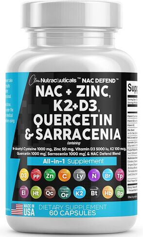 مكمل NAC N-Acetyl Cysteine ​​1000mg Vitamin D3 K2 Zinc Quercetin 1000mg Sarracenia Purpurea 1000mg مع Elderberry Holy Basil Bee Propolis Bromelain L-Lysine صنع في الولايات المتحدة الأمريكية - 60 قطعة in Kuwait