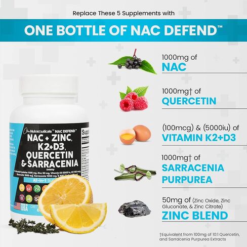 مكمل NAC N-Acetyl Cysteine ​​1000mg Vitamin D3 K2 Zinc Quercetin 1000mg Sarracenia Purpurea 1000mg مع Elderberry Holy Basil Bee Propolis Bromelain L-Lysine صنع في الولايات المتحدة الأمريكية - 60 قطعة in Kuwait