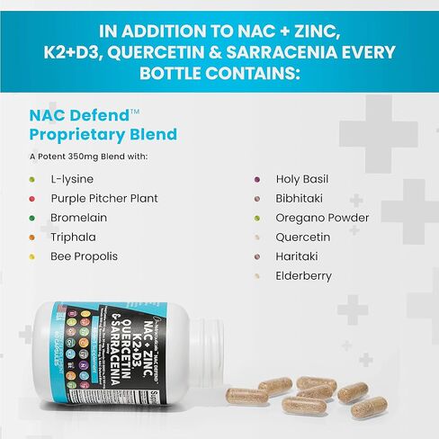 مكمل NAC N-Acetyl Cysteine ​​1000mg Vitamin D3 K2 Zinc Quercetin 1000mg Sarracenia Purpurea 1000mg مع Elderberry Holy Basil Bee Propolis Bromelain L-Lysine صنع في الولايات المتحدة الأمريكية - 60 قطعة in Kuwait