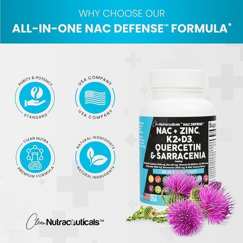 مكمل NAC N-Acetyl Cysteine ​​1000mg Vitamin D3 K2 Zinc Quercetin 1000mg Sarracenia Purpurea 1000mg مع Elderberry Holy Basil Bee Propolis Bromelain L-Lysine صنع في الولايات المتحدة الأمريكية - 60 قطعة in Kuwait