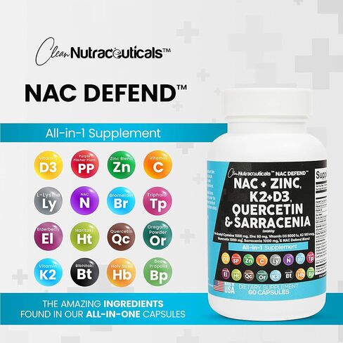 مكمل NAC N-Acetyl Cysteine ​​1000mg Vitamin D3 K2 Zinc Quercetin 1000mg Sarracenia Purpurea 1000mg مع Elderberry Holy Basil Bee Propolis Bromelain L-Lysine صنع في الولايات المتحدة الأمريكية - 60 قطعة in Kuwait