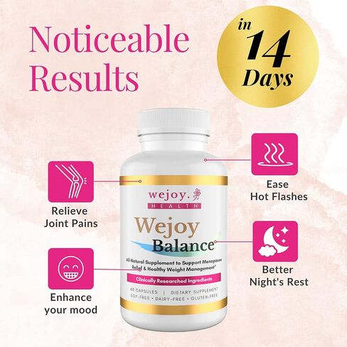 مكملات انقطاع الطمث من Wejoy Balance للنساء - تم تركيبها بشكل فريد لتخفيف الهبات الساخنة في سن اليأس ودعم المفاصل وزيادة الوزن والنوم والتعرق الليلي وتساقط الشعر وتقلب المزاج - طبيعي (زجاجة واحدة) in Kuwait