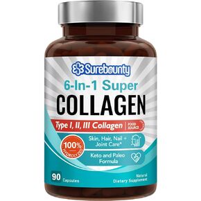 Surebounty Multi Collagen Complex, Type I, II, III, 6-in-1 Super Collagen with Vitamin C, Hyaluronic Acid, Biotin, Turmeric, Black Pepper, Keto, 90 Capsules