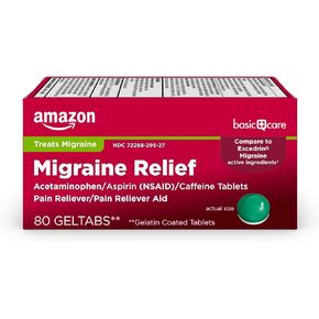 Amazon Basic Care Migraine Relief Geltabs, Acetaminophen, Aspirin (NSAID) and Caffeine, 80 Count
