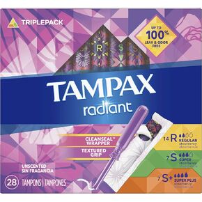 Tampax Radiant Tampons Trio Pack Regular/Super/Super Plus Absorbency, Unscented, 28 Count in Saudi Arabia