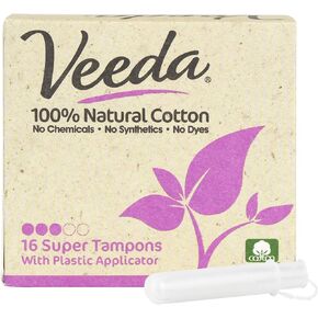 Veeda 100% Natural Cotton Tampons - Super Absorbency with Leak Proof Protection - Compact BPA-Free Applicator - Unscented & Free from Chlorine, Toxin - 16 Count in Kuwait