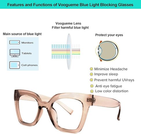 VOOGLAM Stylish Square Blue Light Blocking Glasses for Women Men Anti Eyestrain UV Eyewear Naila in Kuwait