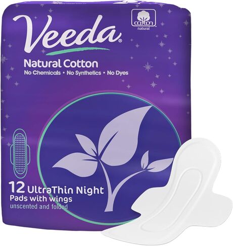 Veeda Ultra Thin Night Pads for Women - Super Absorbent Overnight pads with wings - Feminine Pads with Overnight Absorbency - Unscented & Chlorine free Sanitary Napkins - 12 Count in Kuwait