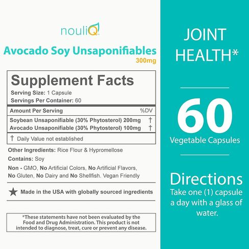 NOULIQ Natural and Vegan Friendly Joint Health Supplement, Avocado Soy Unsaponifiables 300mg,60 Vegetable Capsules, 2 Months Supply in Saudi Arabia