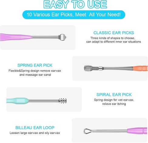 مجموعة إزالة شمع الأذن، مجموعة مغرفة الأذن من سوبيتو، 10 قطع، أدوات خاصة للعائلة مع حقيبة تخزين وفرشاة in Kuwait