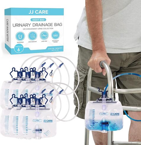 JJ CARE 2000 ml Urinary Drainage Bag w/ 48" Drainage Tube (Pack of 6), Disposable Anti-Reflux Chamber Urine Bags with Double Hook Hanger, Leak Resistant Vinyl Catheter Bags for Men and Women in Saudi Arabia