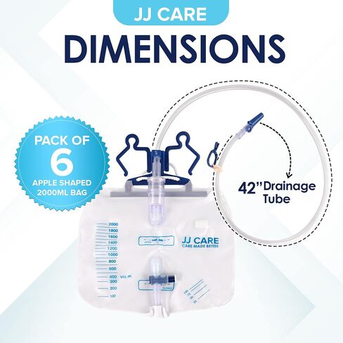 JJ CARE 2000 ml Urinary Drainage Bag w/ 48" Drainage Tube (Pack of 6), Disposable Anti-Reflux Chamber Urine Bags with Double Hook Hanger, Leak Resistant Vinyl Catheter Bags for Men and Women in Saudi Arabia