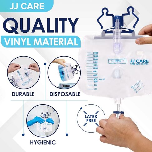 JJ CARE 2000 ml Urinary Drainage Bag w/ 48" Drainage Tube (Pack of 6), Disposable Anti-Reflux Chamber Urine Bags with Double Hook Hanger, Leak Resistant Vinyl Catheter Bags for Men and Women in Saudi Arabia