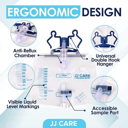 JJ CARE 2000 ml Urinary Drainage Bag w/ 48" Drainage Tube (Pack of 6), Disposable Anti-Reflux Chamber Urine Bags with Double Hook Hanger, Leak Resistant Vinyl Catheter Bags for Men and Women in Saudi Arabia