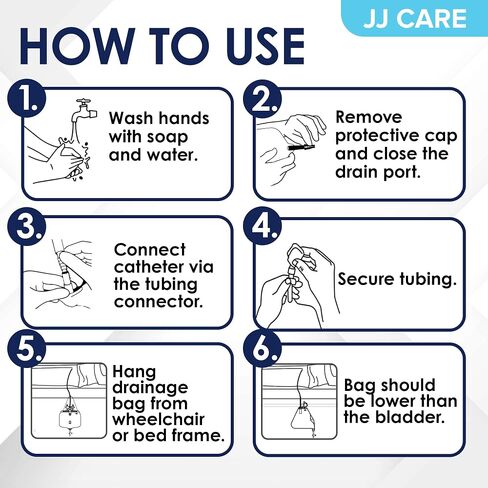 JJ CARE 2000 ml Urinary Drainage Bag w/ 48" Drainage Tube (Pack of 6), Disposable Anti-Reflux Chamber Urine Bags with Double Hook Hanger, Leak Resistant Vinyl Catheter Bags for Men and Women in Saudi Arabia