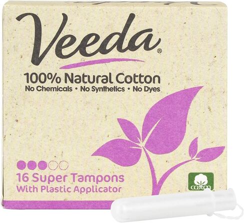 Veeda 100% Natural Cotton Tampons - Super Absorbency with Leak Proof Protection - Compact BPA-Free Applicator - Unscented & Free from Chlorine, Toxin - 16 Count in Kuwait