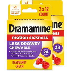 Dramamine Chewable Less Drowsy, Motion Sickness Relief, Raspberry Cream Flavor, 12 Count in Saudi Arabia