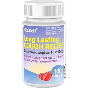 تخفيف السعال للبالغين من RXZELL، ديكستروميتورفان HBr 15 ملغ (100 كبسولة هلامية)، يدوم لمدة 8 ساعات، لا يسبب النعاس، مثبط للسعال/القصبات الهوائية in Kuwait